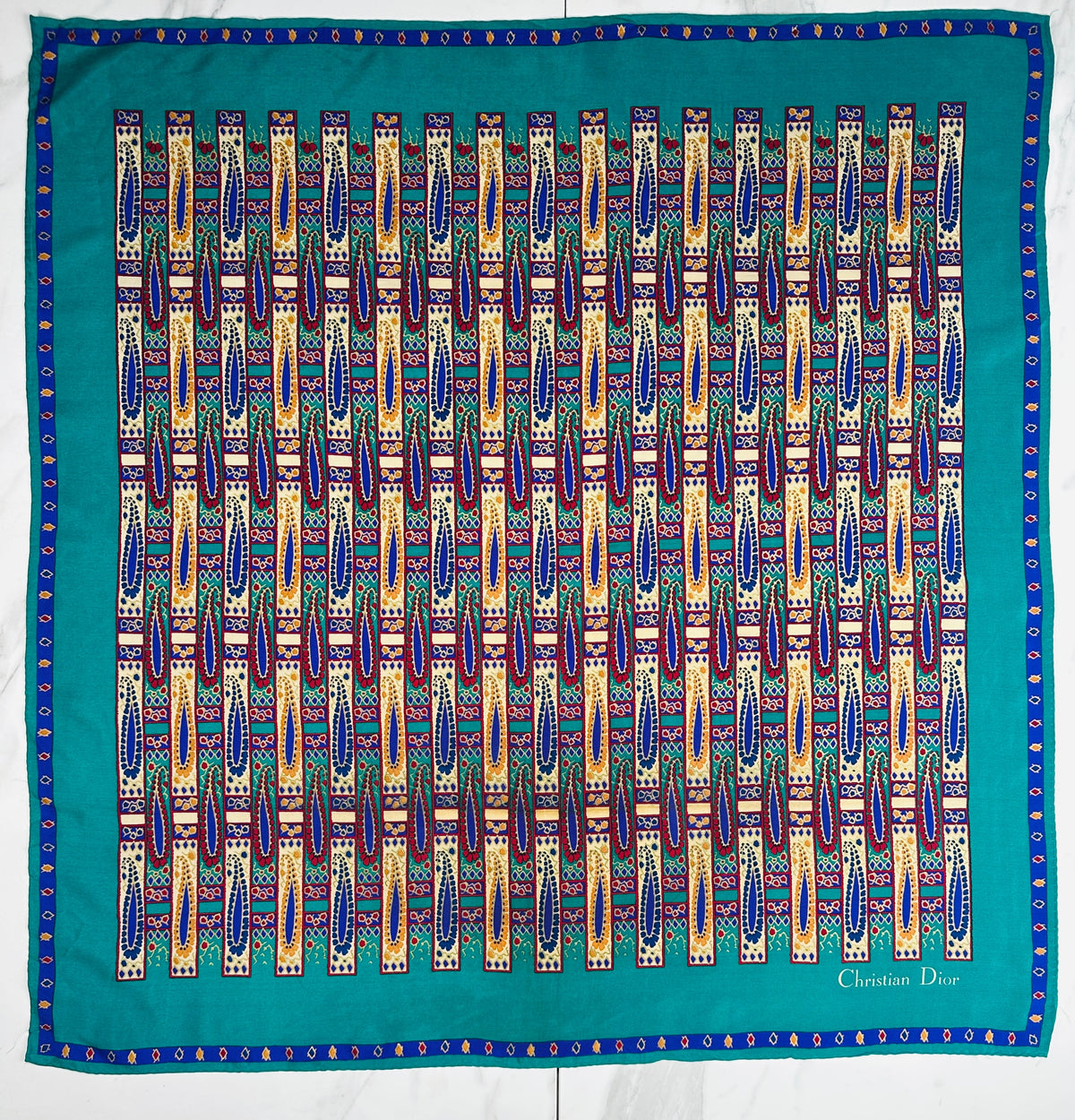 Christian Dior Silk Scarf in Emerald Green and Purple Vintage Geometric Pattern
