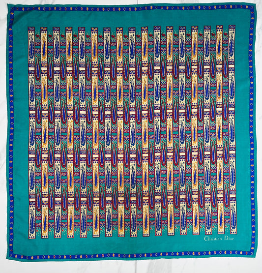 Christian Dior Silk Scarf in Emerald Green and Purple Vintage Geometric Pattern