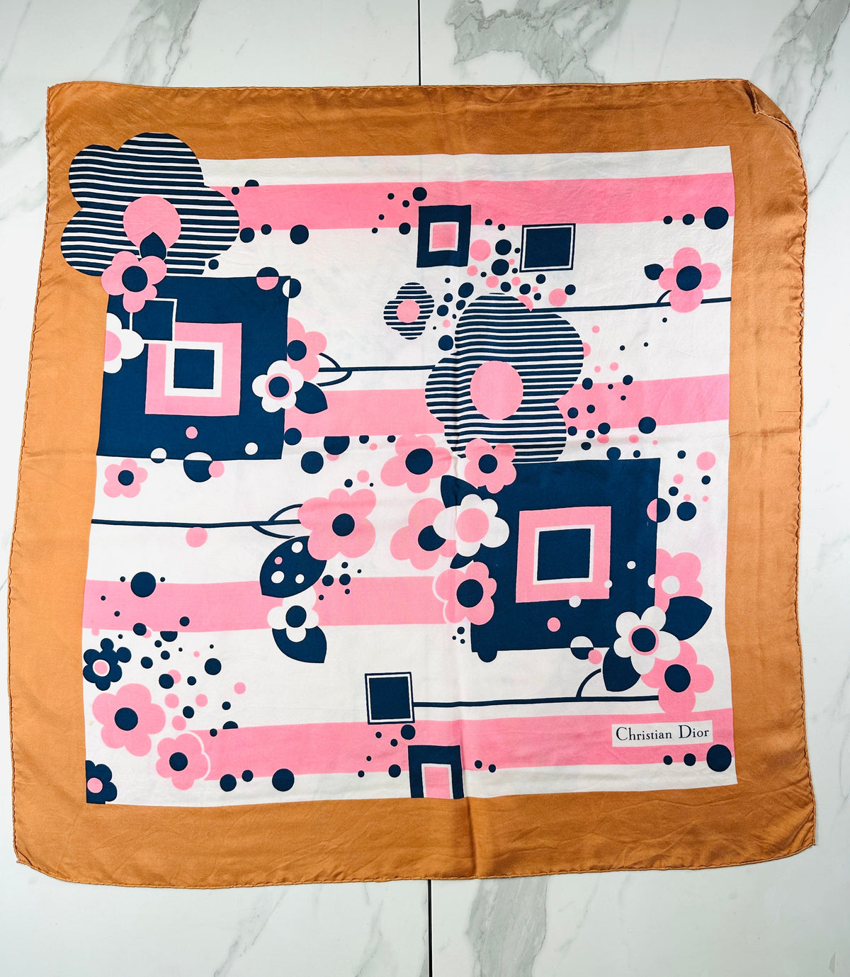 Foulard en soie vintage authentique Christian Dior à motif floral bronze, rose et bleu