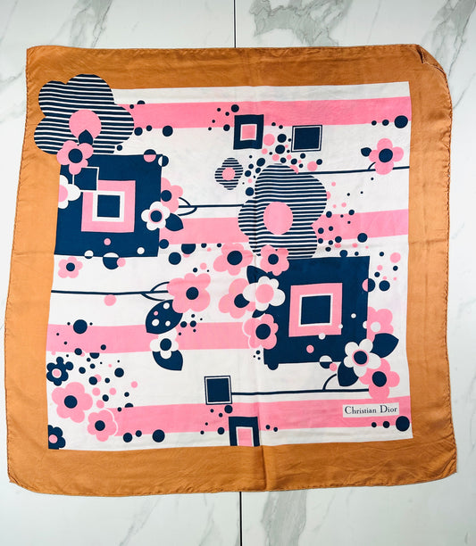 Authentic vintage silk scarf Christian Dior with bronze, pink and blue floral pattern