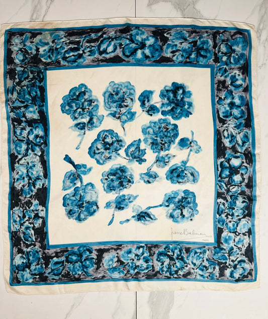 Authentic Vintage Pierre Balmain Silk Scarf in Ivory and Blue with Floral Motif