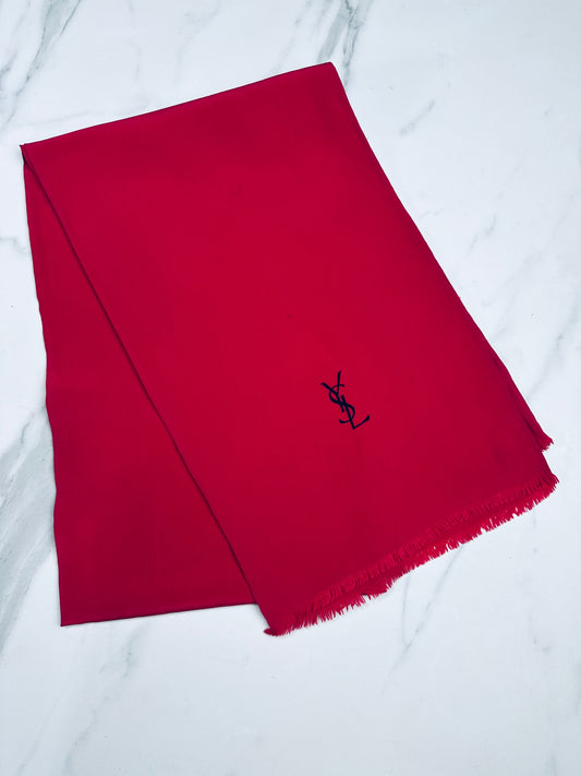Authentic Vintage Yves Saint Laurent Raspberry Silk Scarf with Logo Pattern