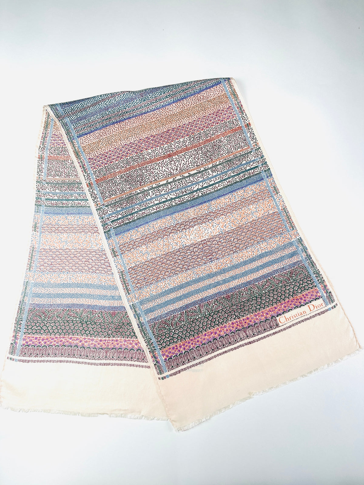 Foulard Christian Dior en soie rose et crème motif floral japonais vintage authentique