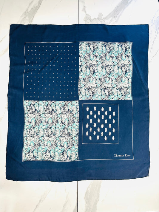 Authentic Vintage Silk Scarf Christian Dior in Navy Blue and Turquoise Floral Pattern