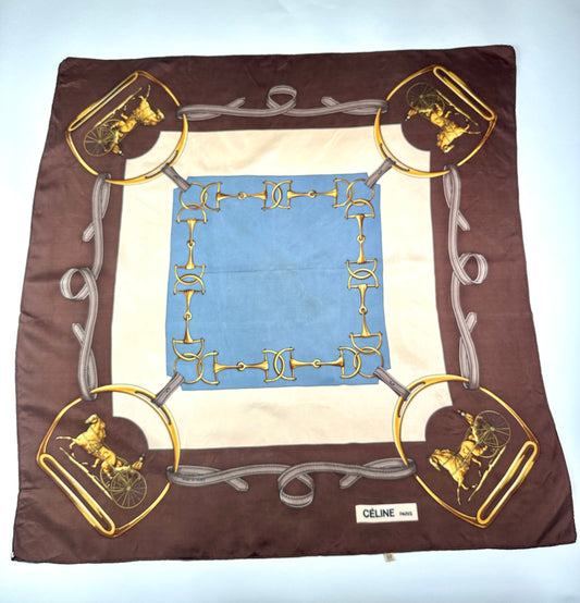 Large Silk Scarf Céline in Brown and Blue Vintage Equestrian Pattern