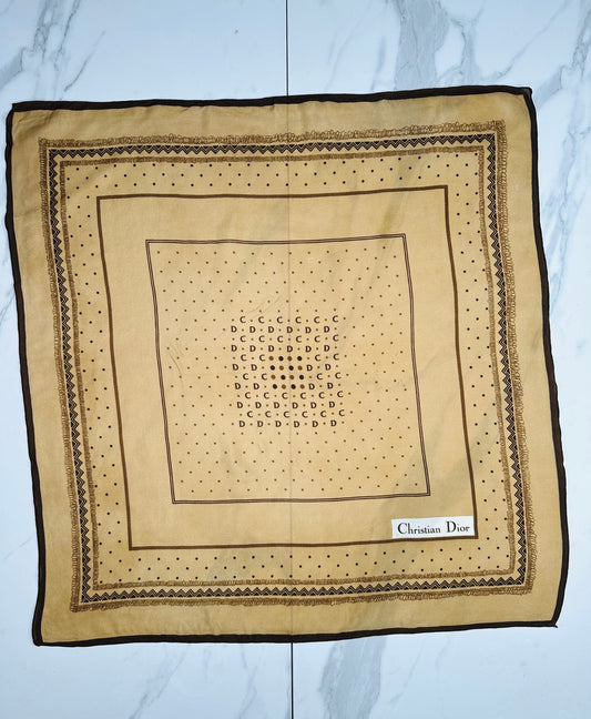 Authentic Vintage Christian Dior Silk Crepe Scarf with Geometric Pattern in Beige and Brown