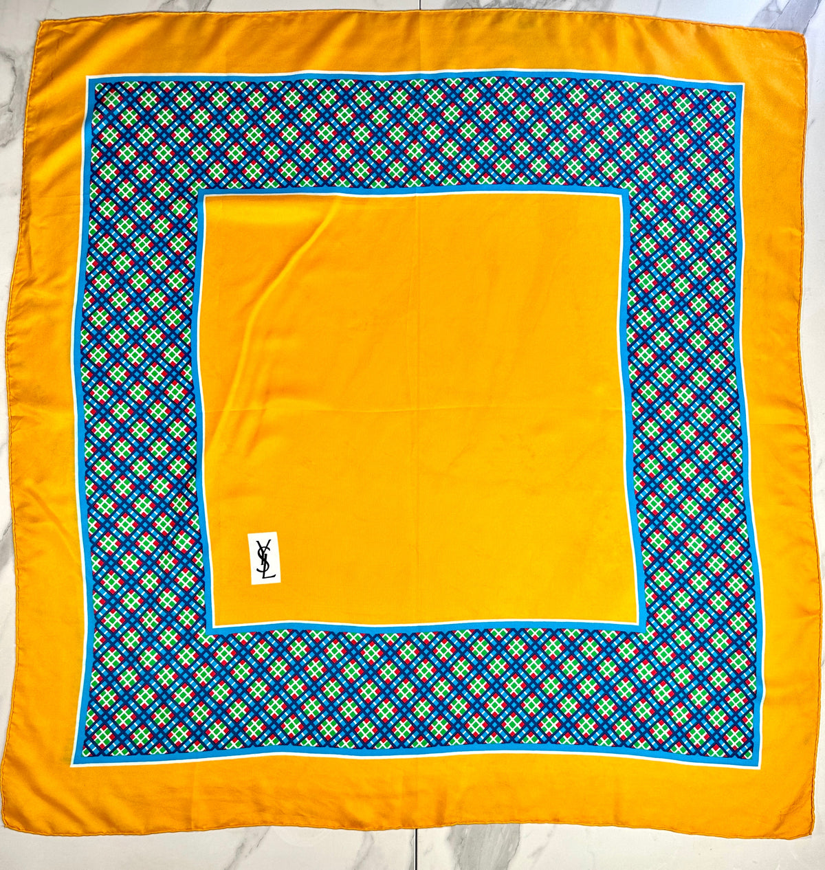 Authentic Vintage Yves Saint Laurent Silk Scarf with Geometric Pattern in Yellow and Blue