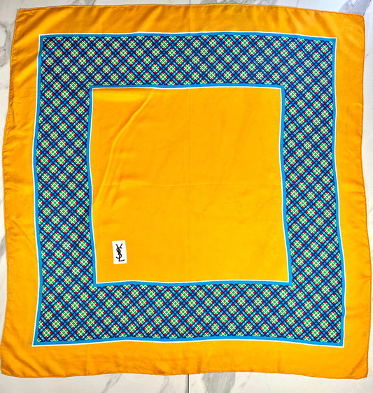 Authentic Vintage Yves Saint Laurent Silk Scarf with Geometric Pattern in Yellow and Blue