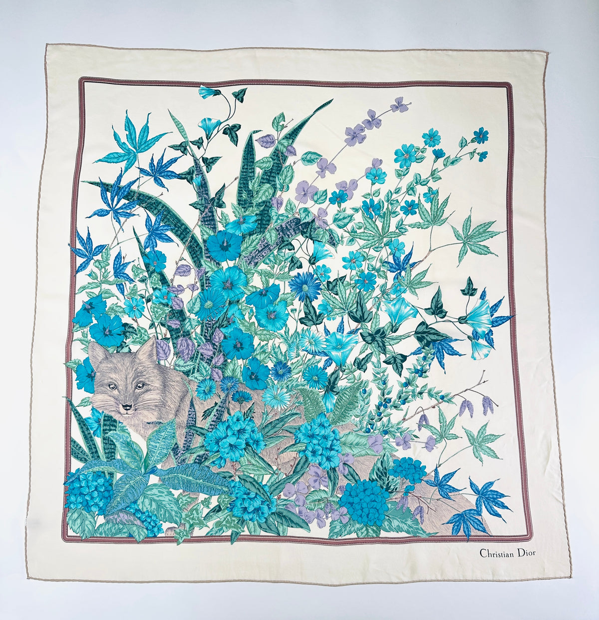 Grand carré Christian Dior en soie crème et bleu motif floral vintage authentique