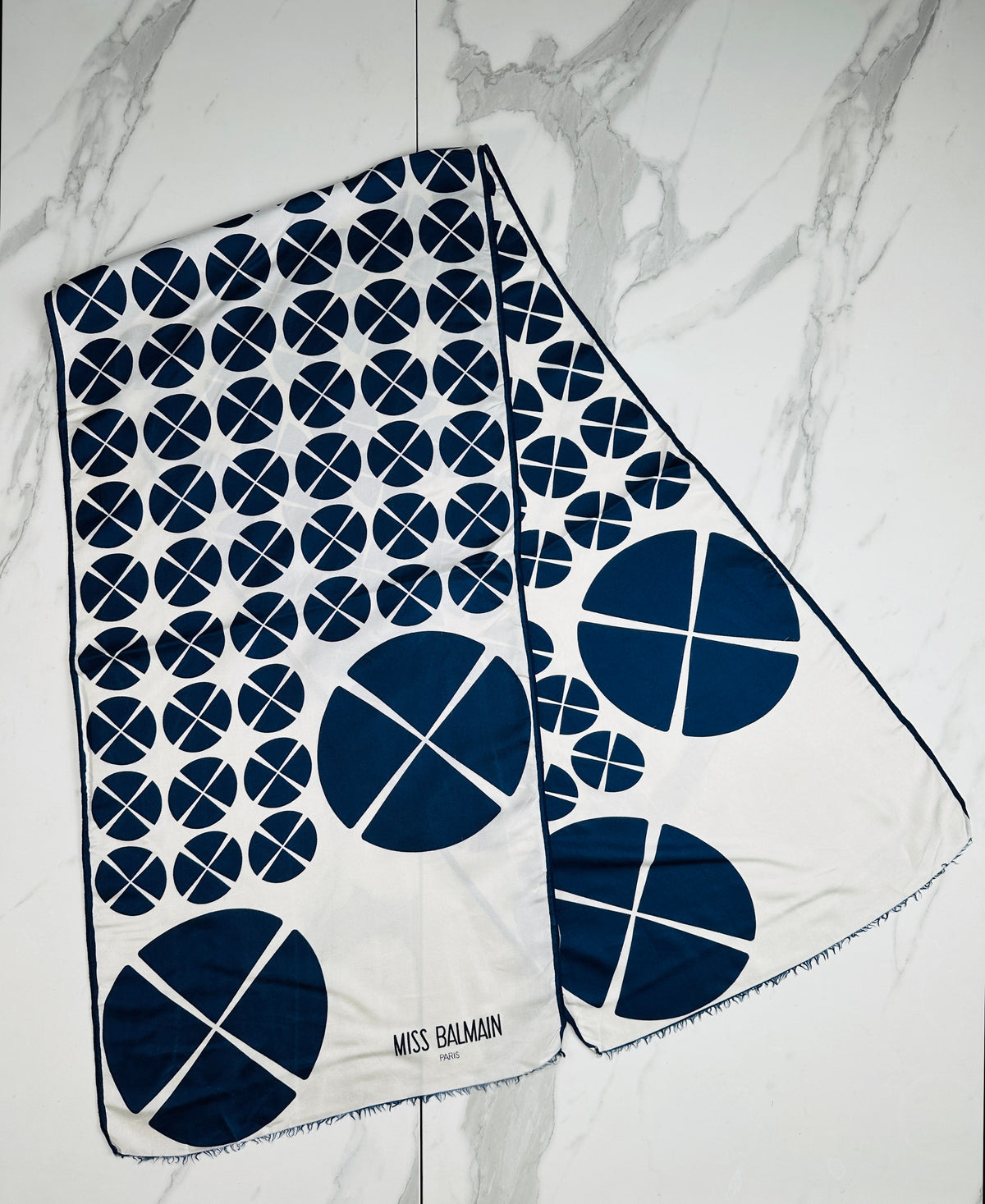 Miss Balmain Silk Scarf in Navy Blue and Cream with Authentic Vintage Geometric Pattern
