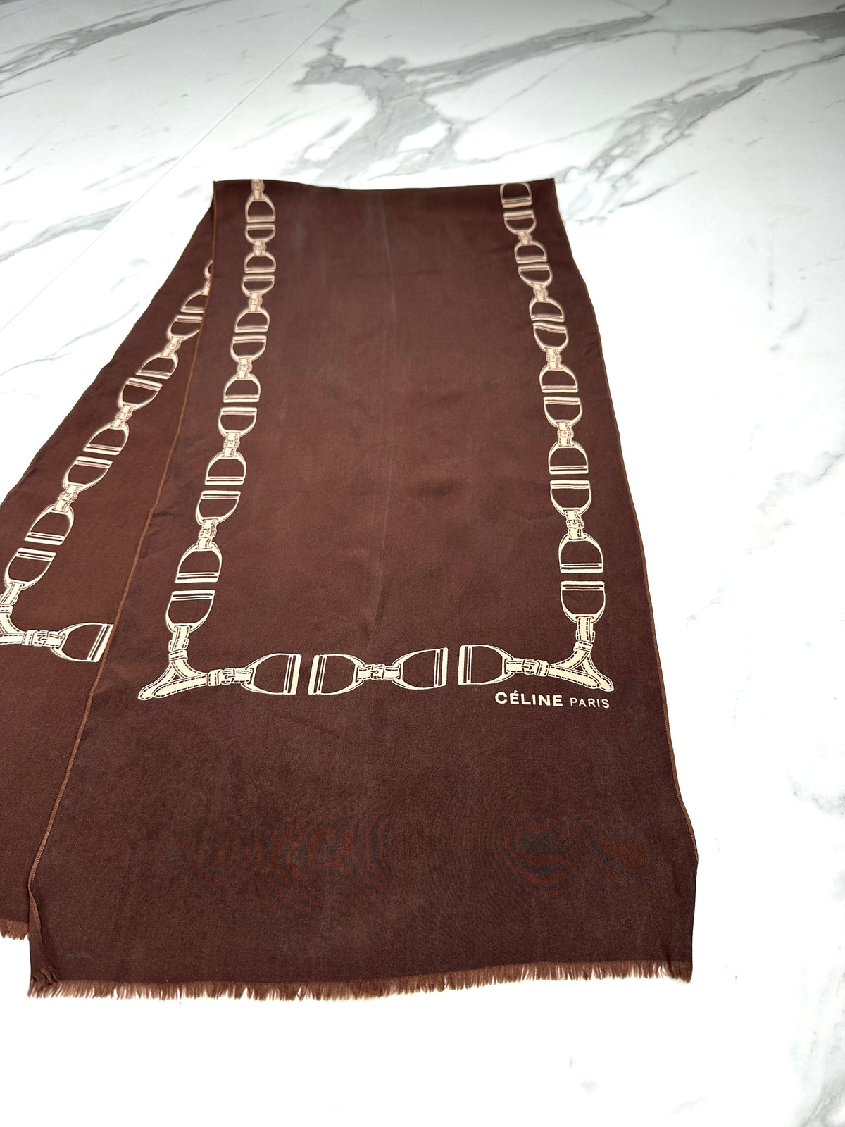 Céline Vintage Authentic Silk Scarf Equestrian Pattern Brown and Beige