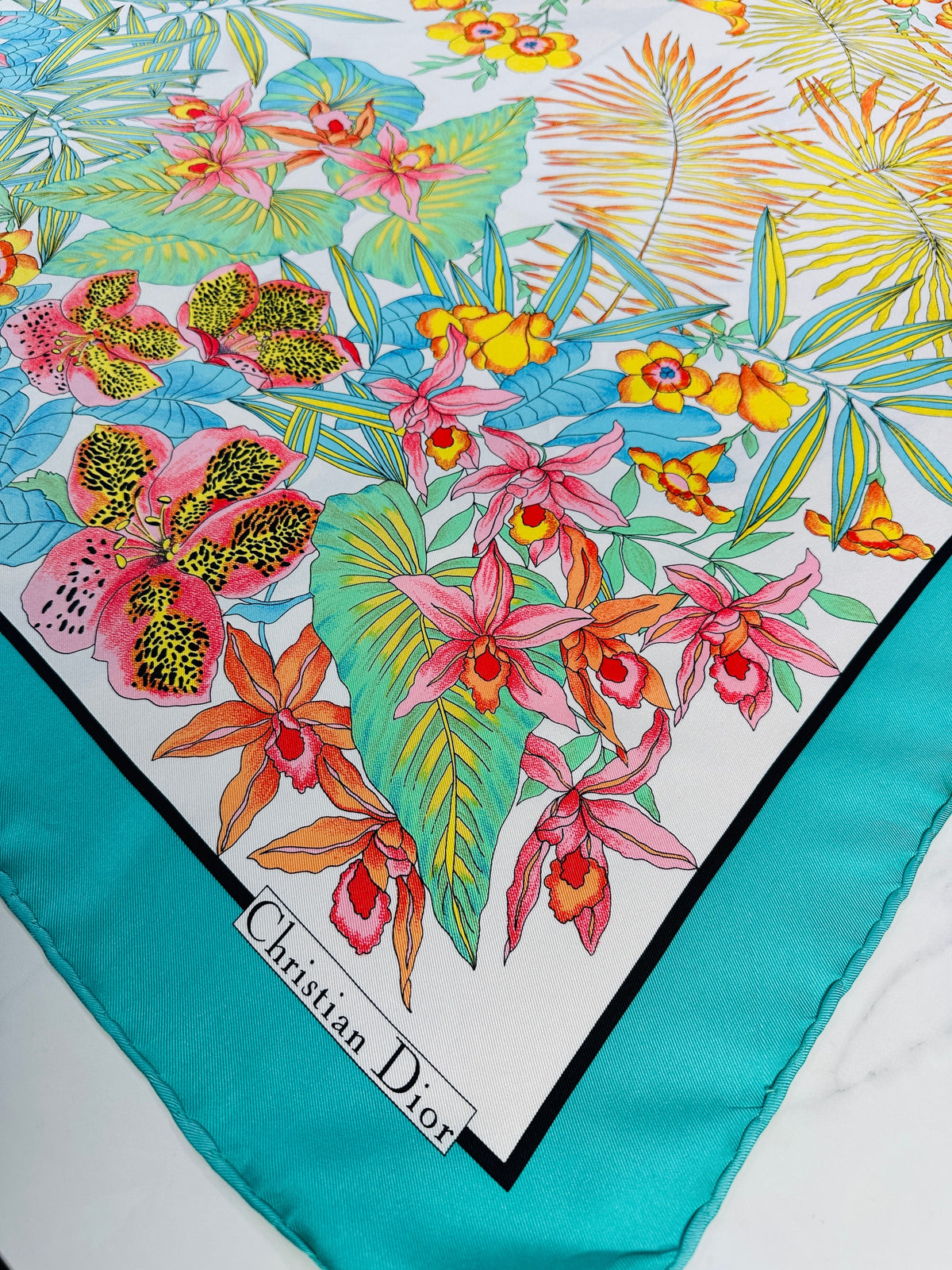 Grand foulard en soie Christian Dior turquoise et ivoire avec motif floral vintage authentique