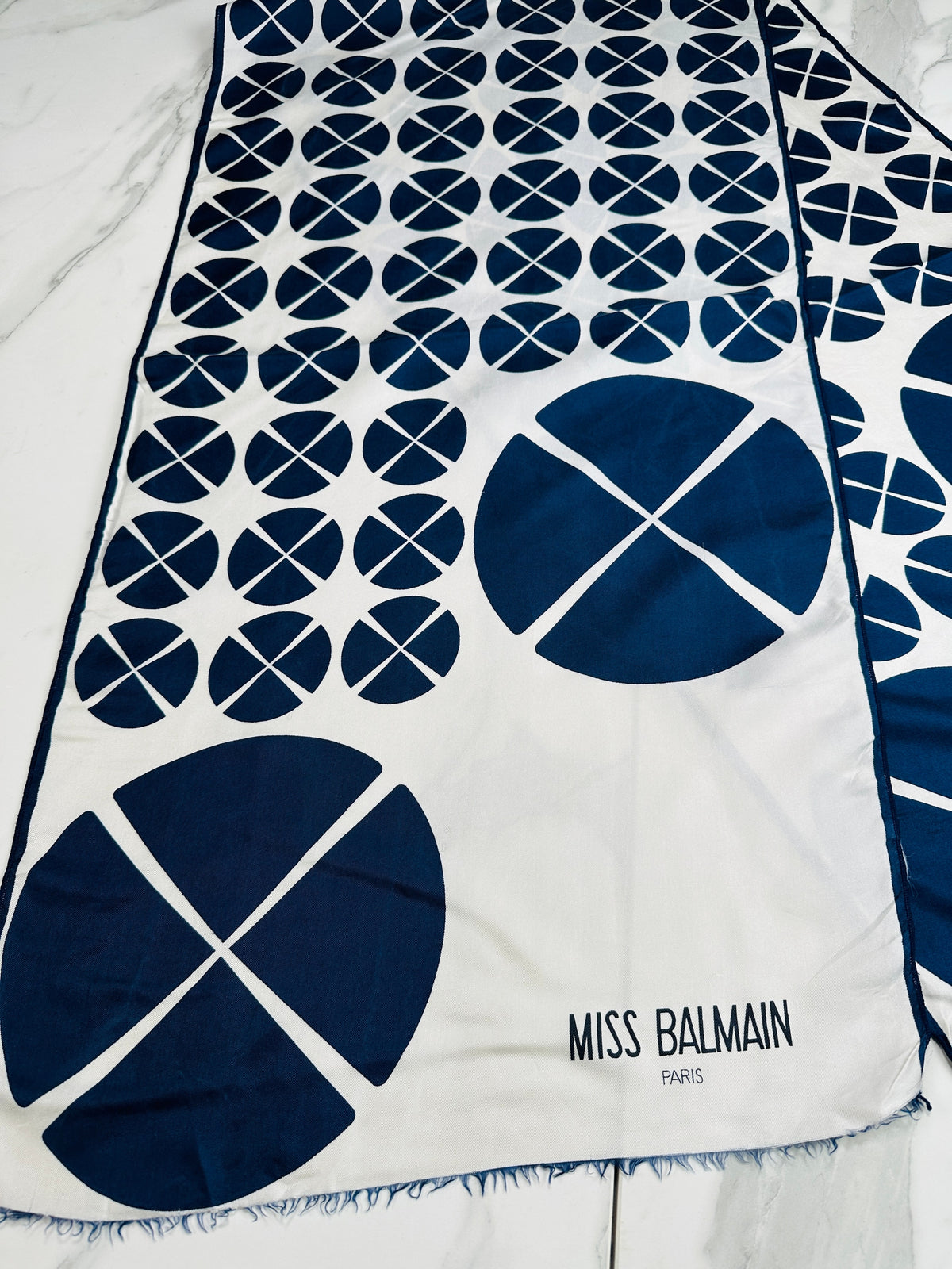 Miss Balmain Silk Scarf in Navy Blue and Cream with Authentic Vintage Geometric Pattern
