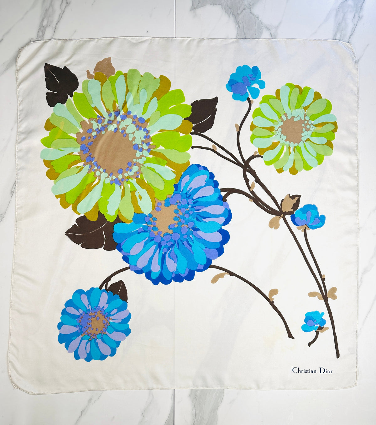 Foulard en soie vintage authentique Christian Dior ivoire et bleu à motif floral