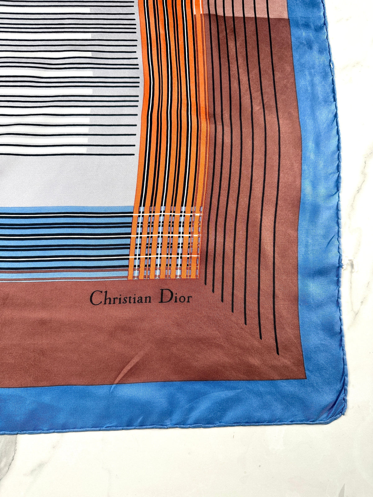 Foulard Dior Vintage Authentique en Soie à Motif Géométrique Bleu et Bronze