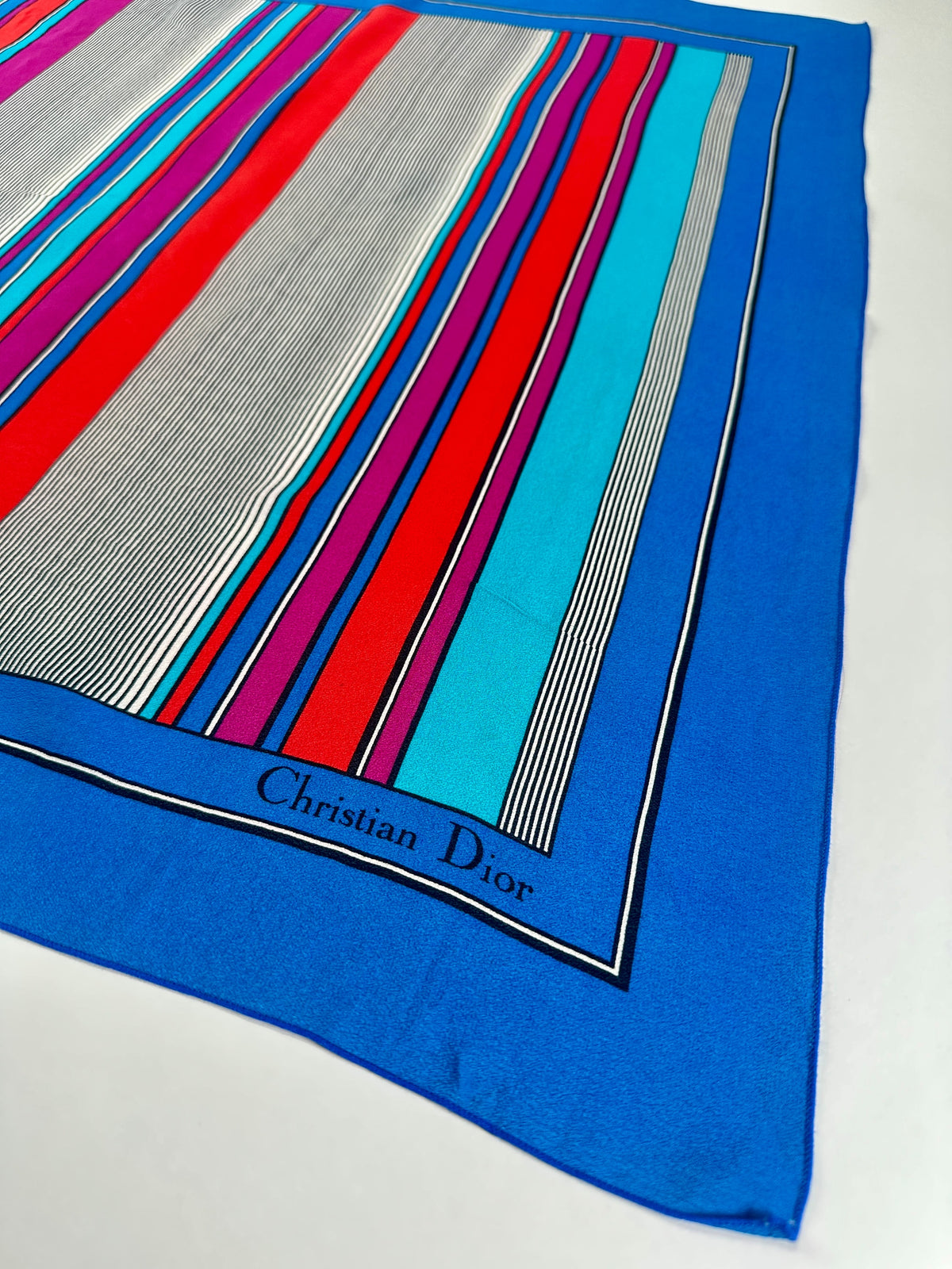 Silk scarf Christian Dior in blue and fuchsia vintage stripes authentic