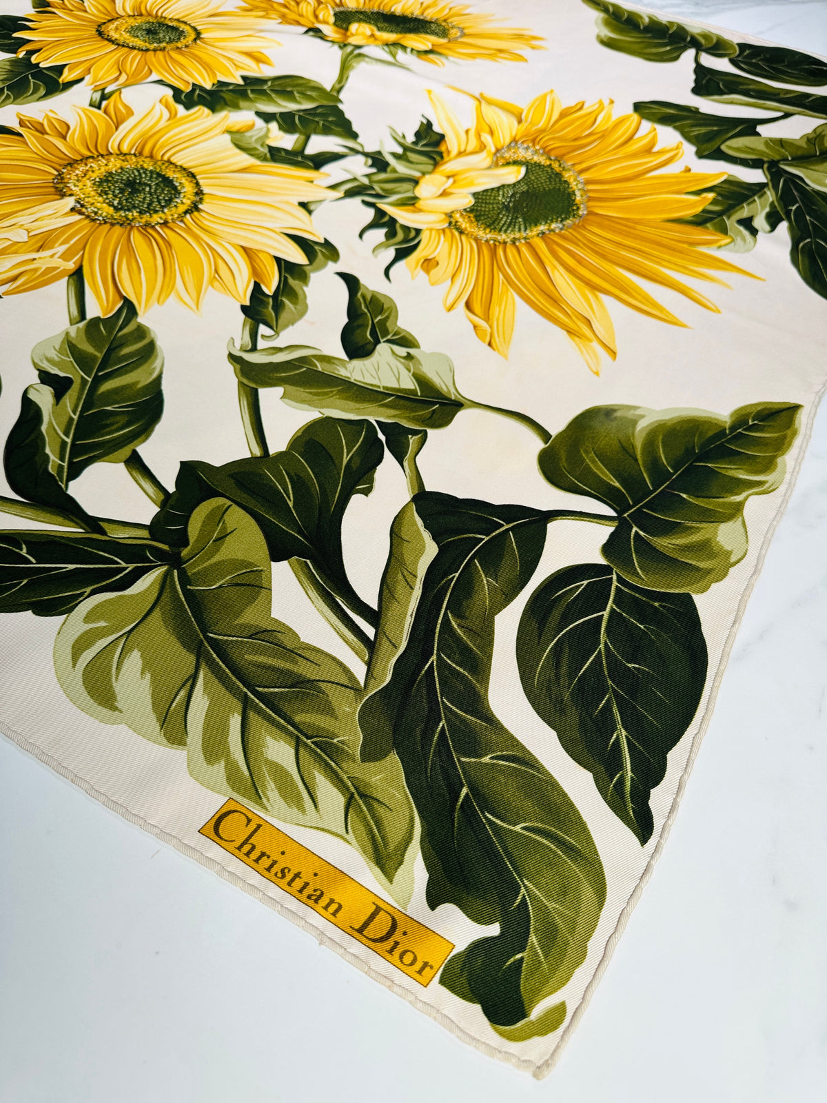 Grand foulard Christian Dior en ivoire et vert avec motif tournesol vintage Authentique