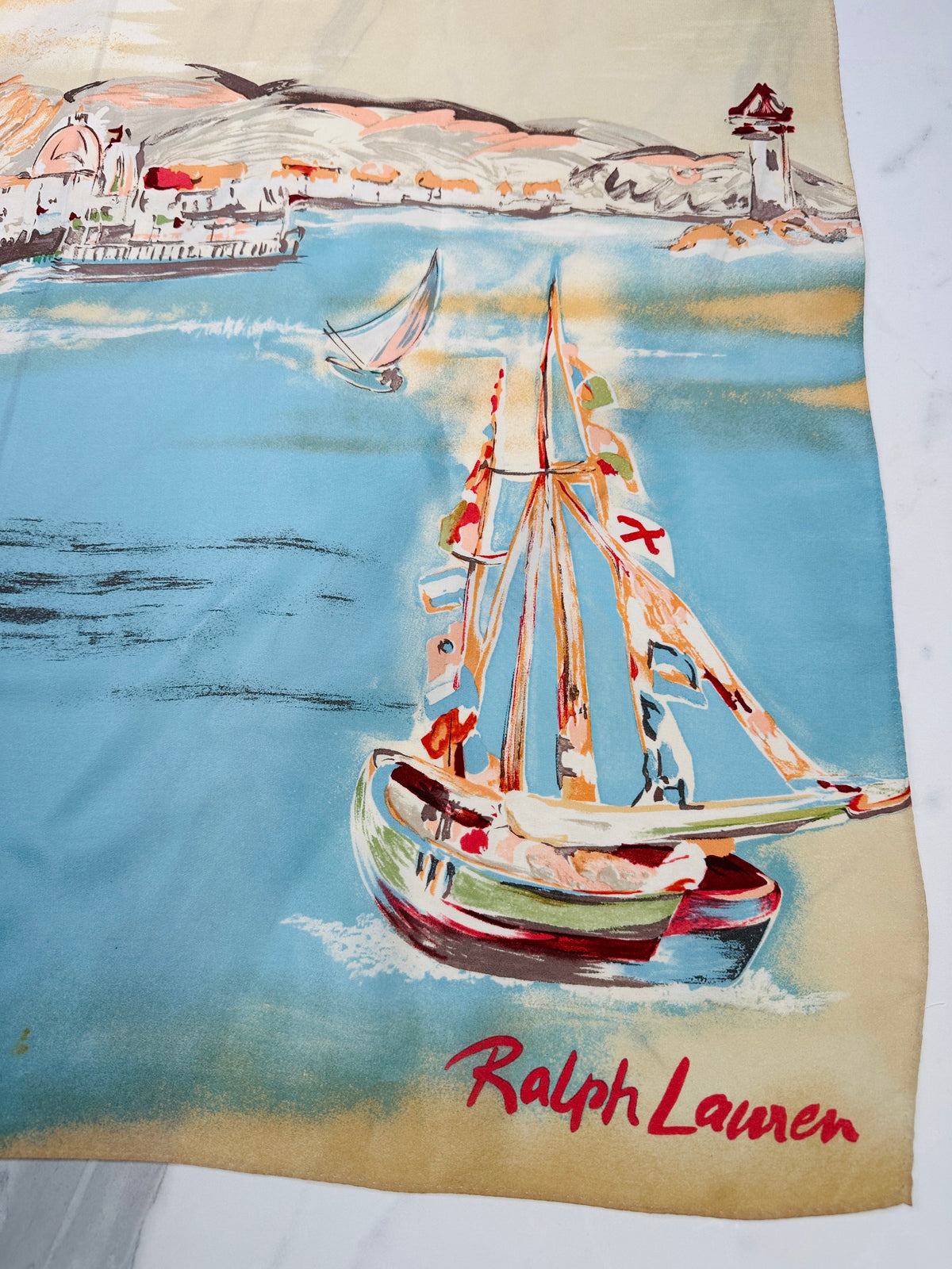 Foulard en soie vintage authentique motif côtier azur et beige par Ralph Lauren
