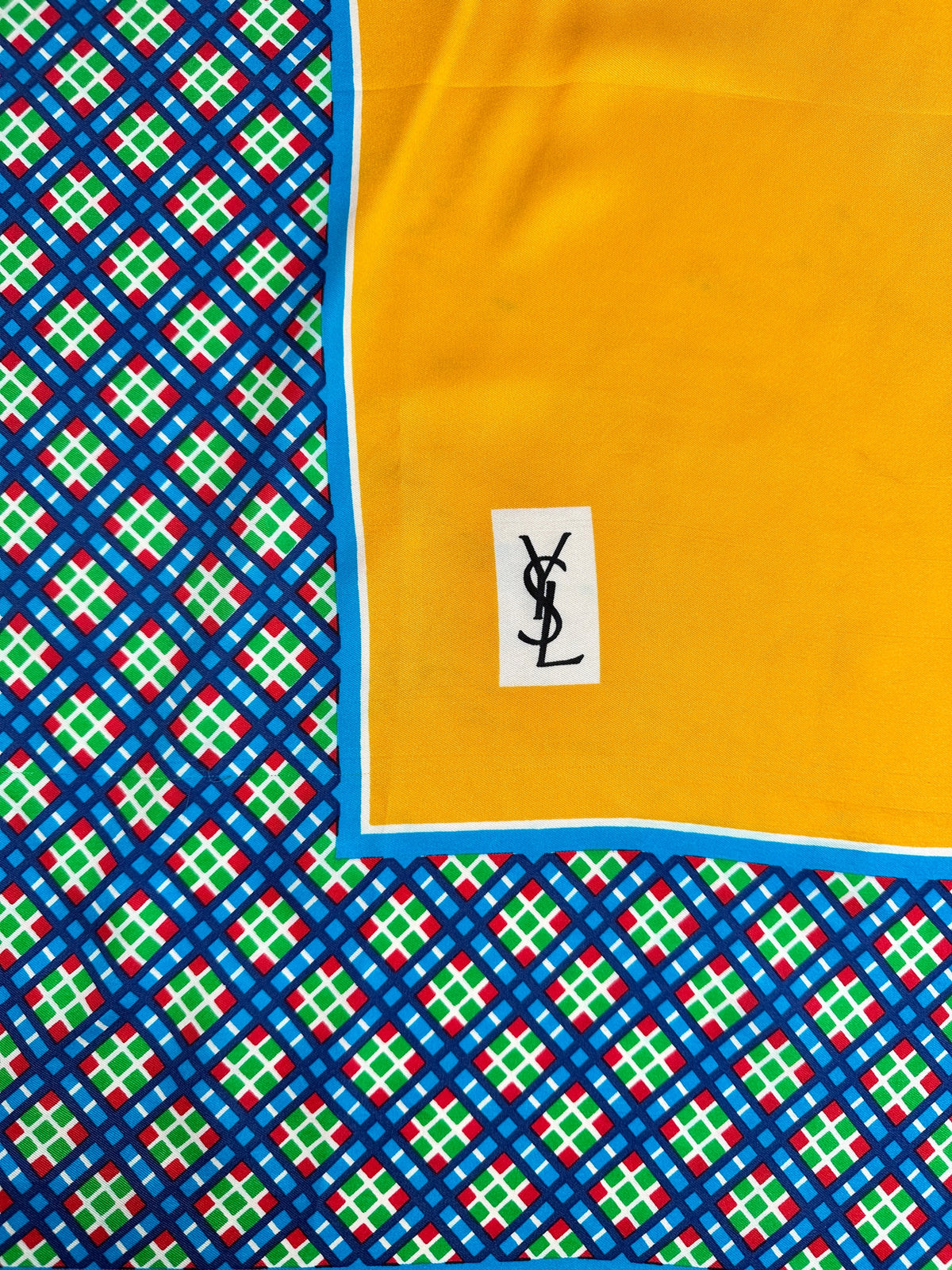 Authentic Vintage Yves Saint Laurent Silk Scarf with Geometric Pattern in Yellow and Blue