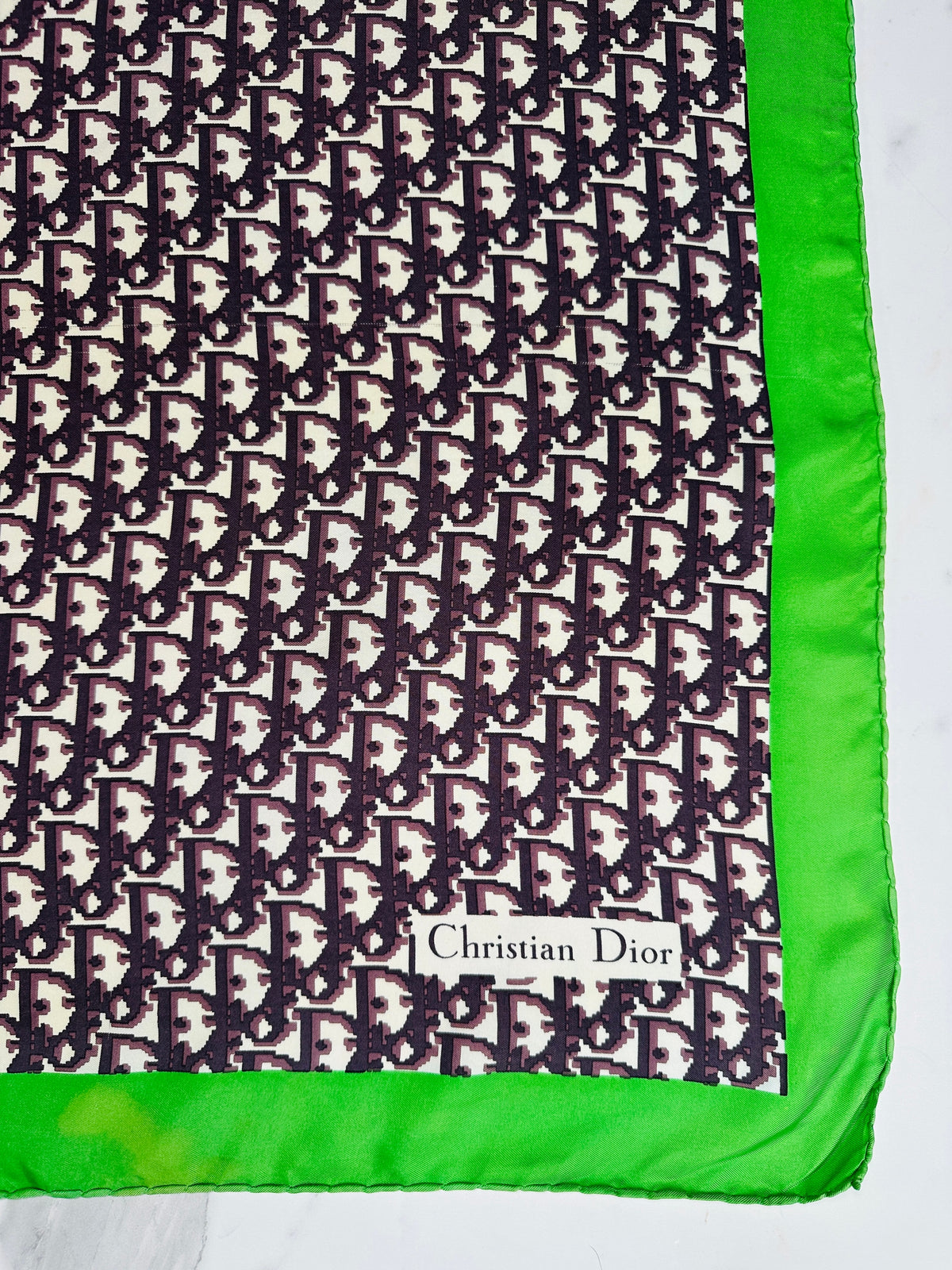Christian Dior Silk Satin Square in Green and Black Vintage Geometric Pattern