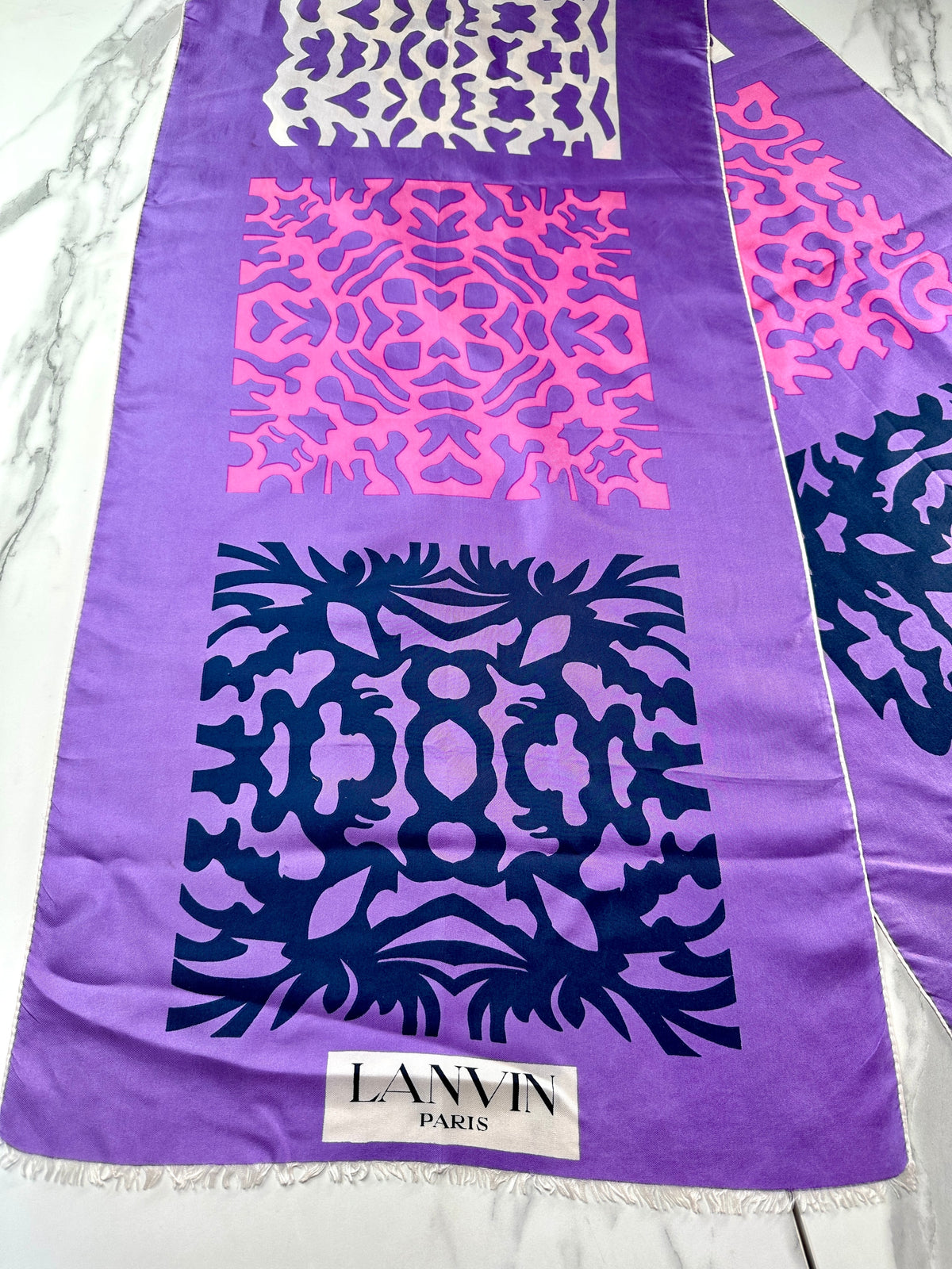 Foulard Lanvin Vintage Authentique en Soie à Motif Abstrait Violet et Rose