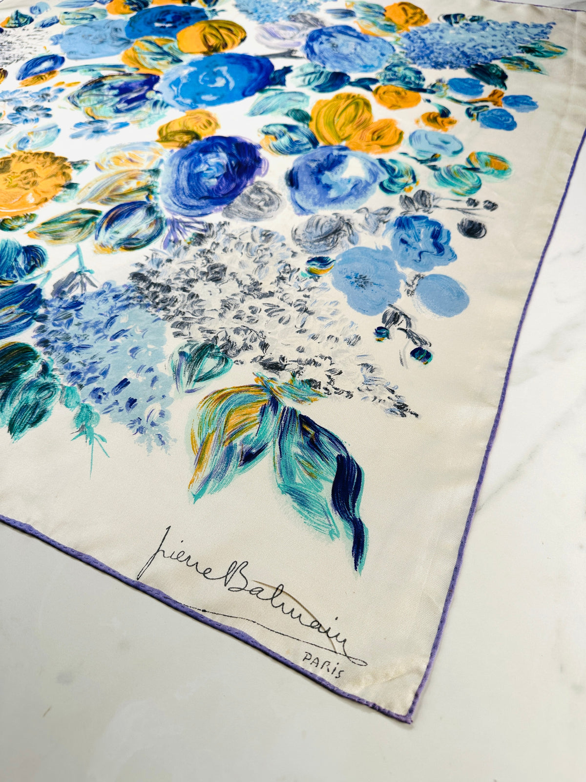 Authentic Vintage Silk Scarf Pierre Balmain Cream and Blue with Floral Pattern