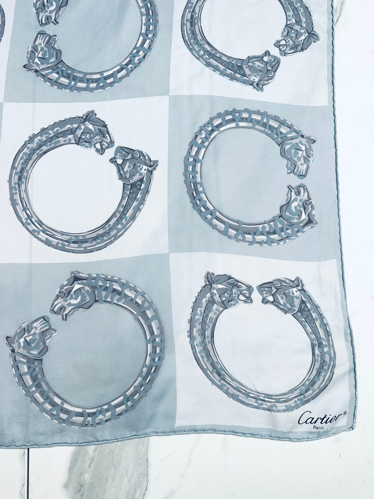 Authentic vintage silk scarf Cartier blue and grey panther motif