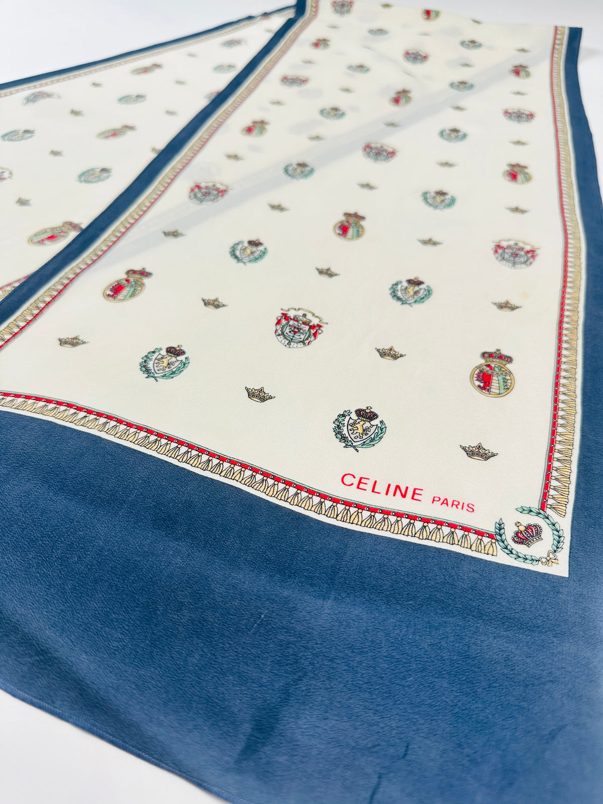 Silk scarf Céline in cream and navy with authentic vintage coat of arms pattern