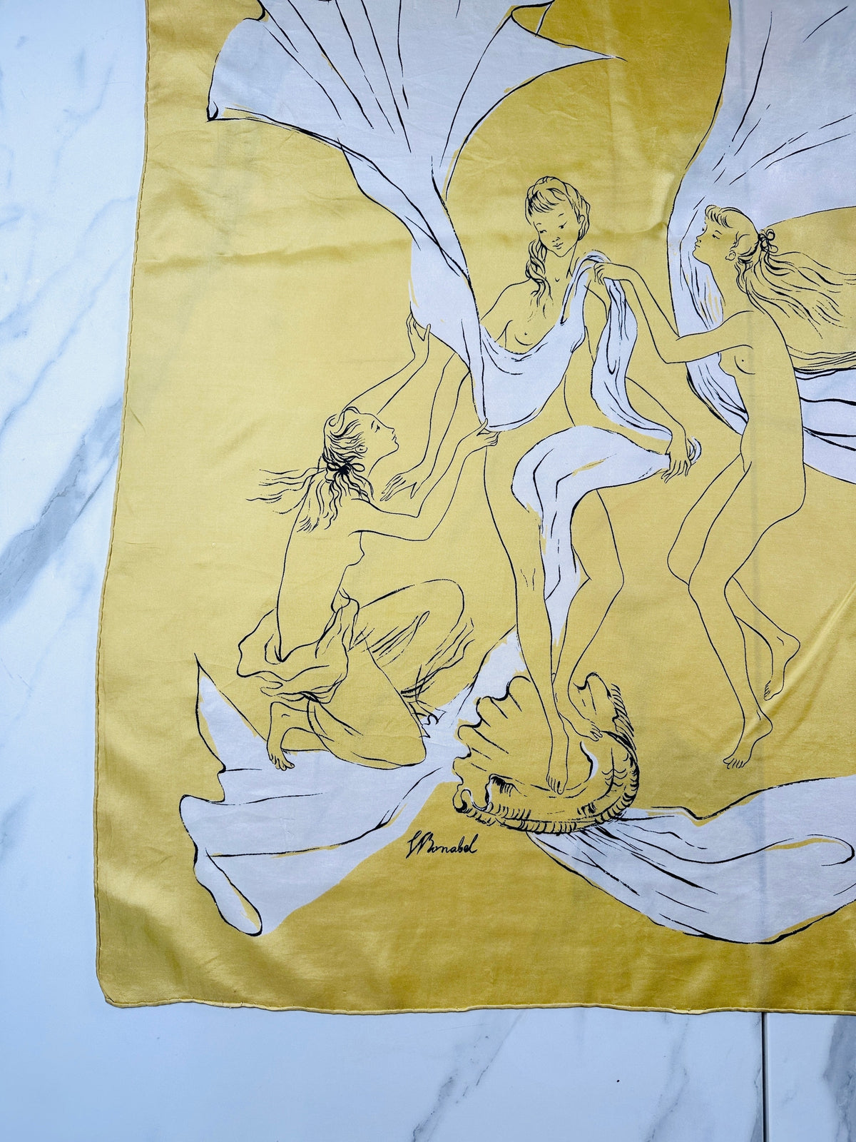Foulard en soie Nina Ricci à motif artistique doré et ivoire vintage authentique