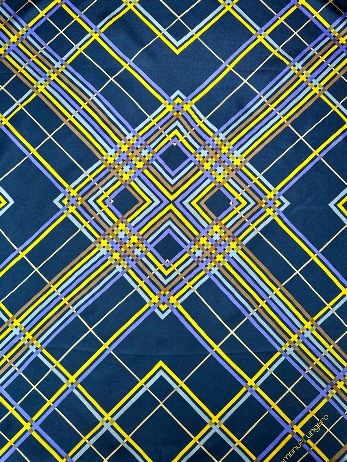 Large silk scarf Emanuel Ungaro navy blue with authentic vintage geometric pattern
