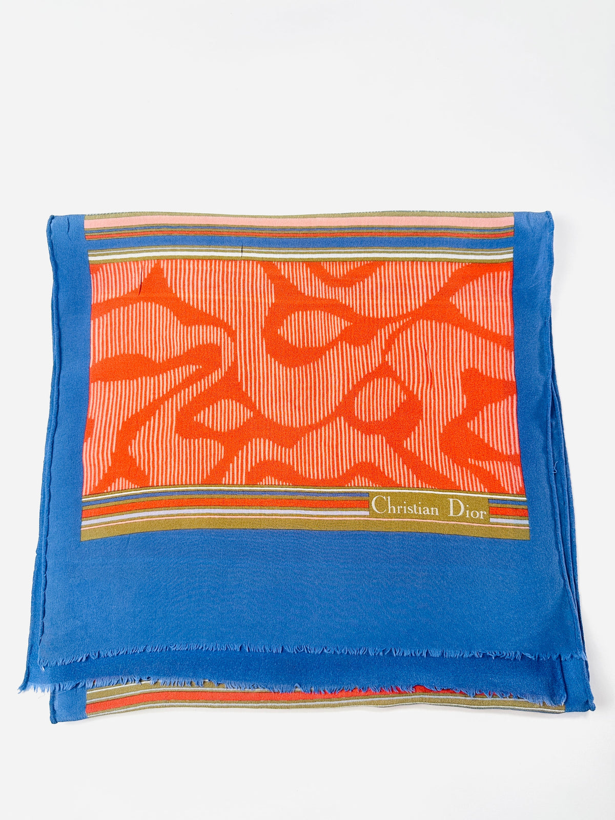 Foulard Christian Dior en soie bleu et orange motif abstrait japonais vintage authentique