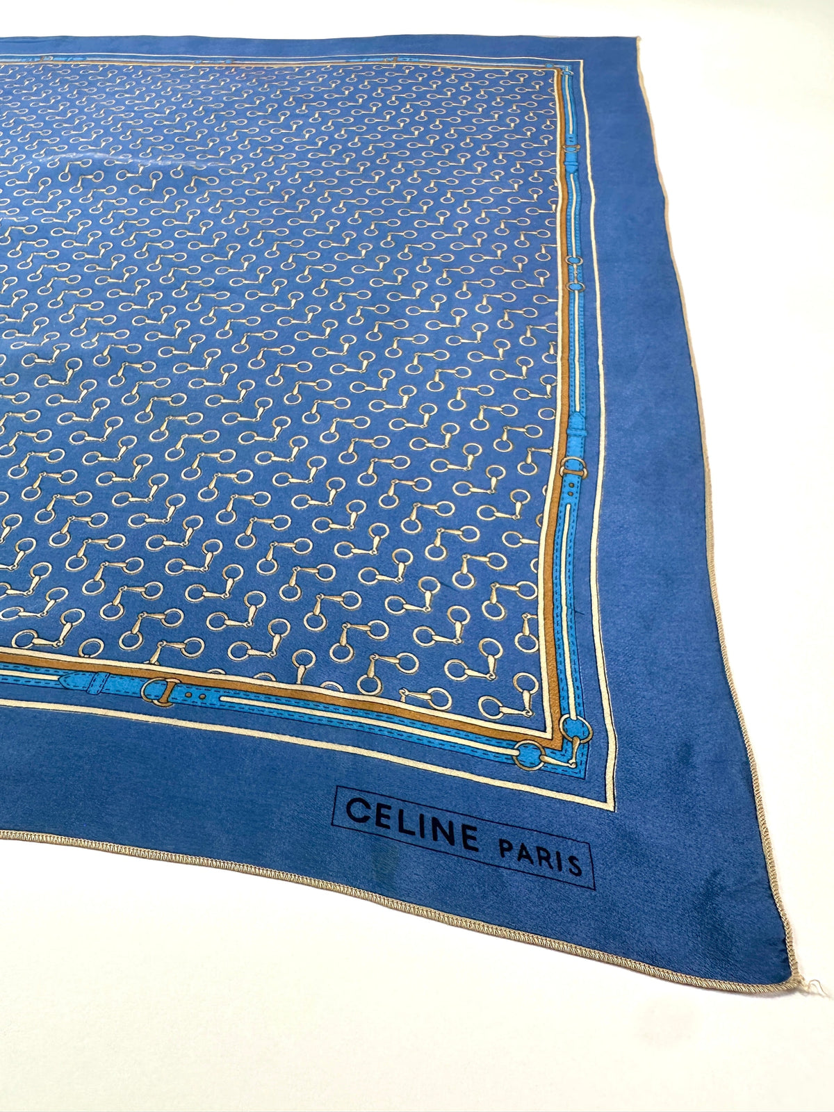 Silk Scarf Céline in Blue and Gold Vintage Equestrian Pattern