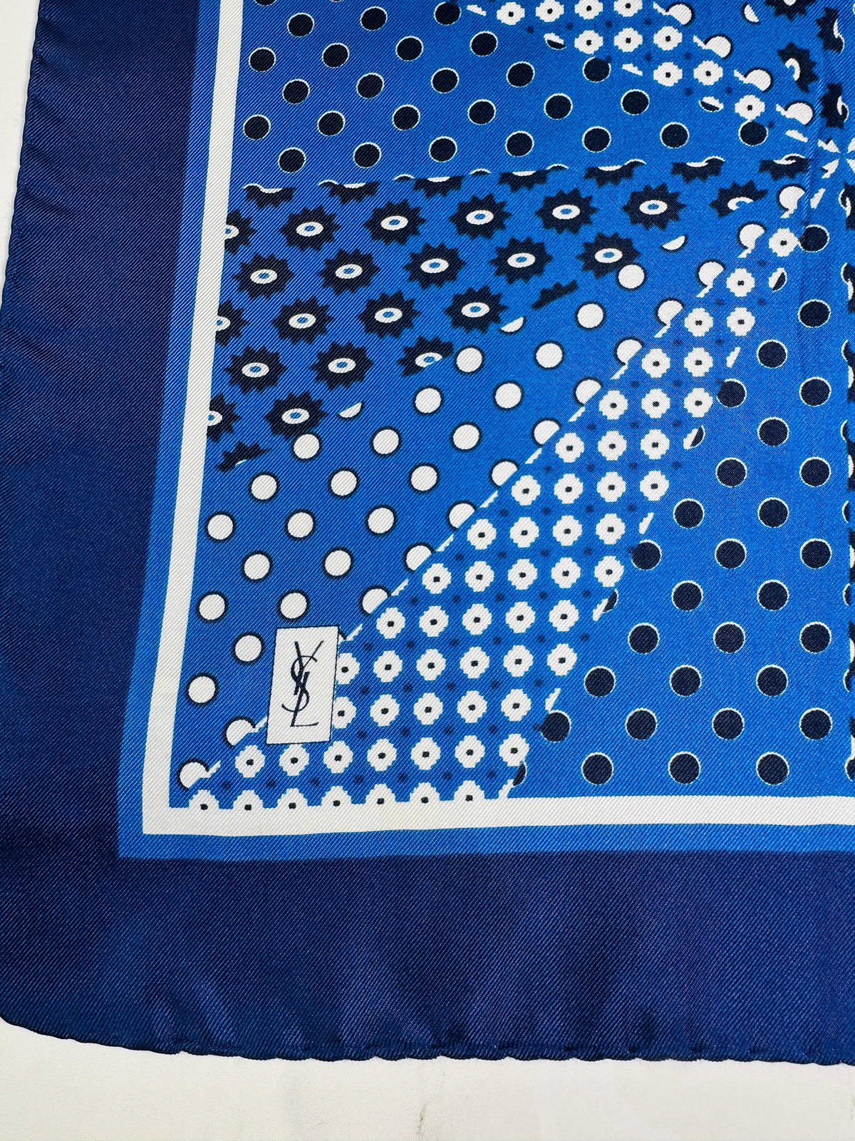 Authentic Vintage YSL Silk Scarf in Dark Blue and White Geometric Pattern