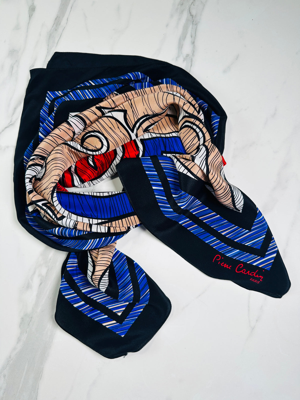 Large square Pierre Cardin in blue and red with authentic vintage abstract pattern