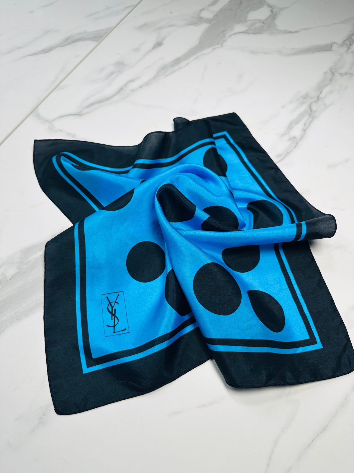 Small silk scarf Yves Saint Laurent blue and black with authentic vintage polka dot pattern