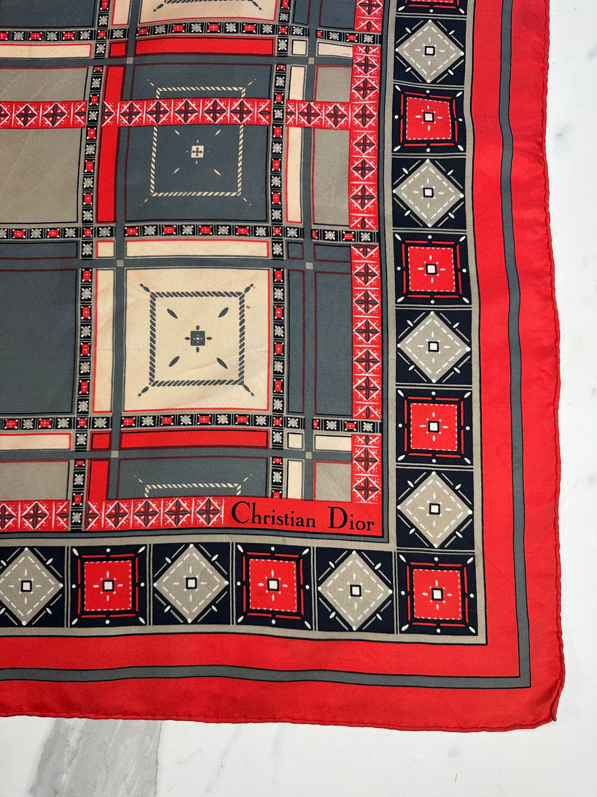 Authentic vintage red and beige geometric silk scarf Christian Dior