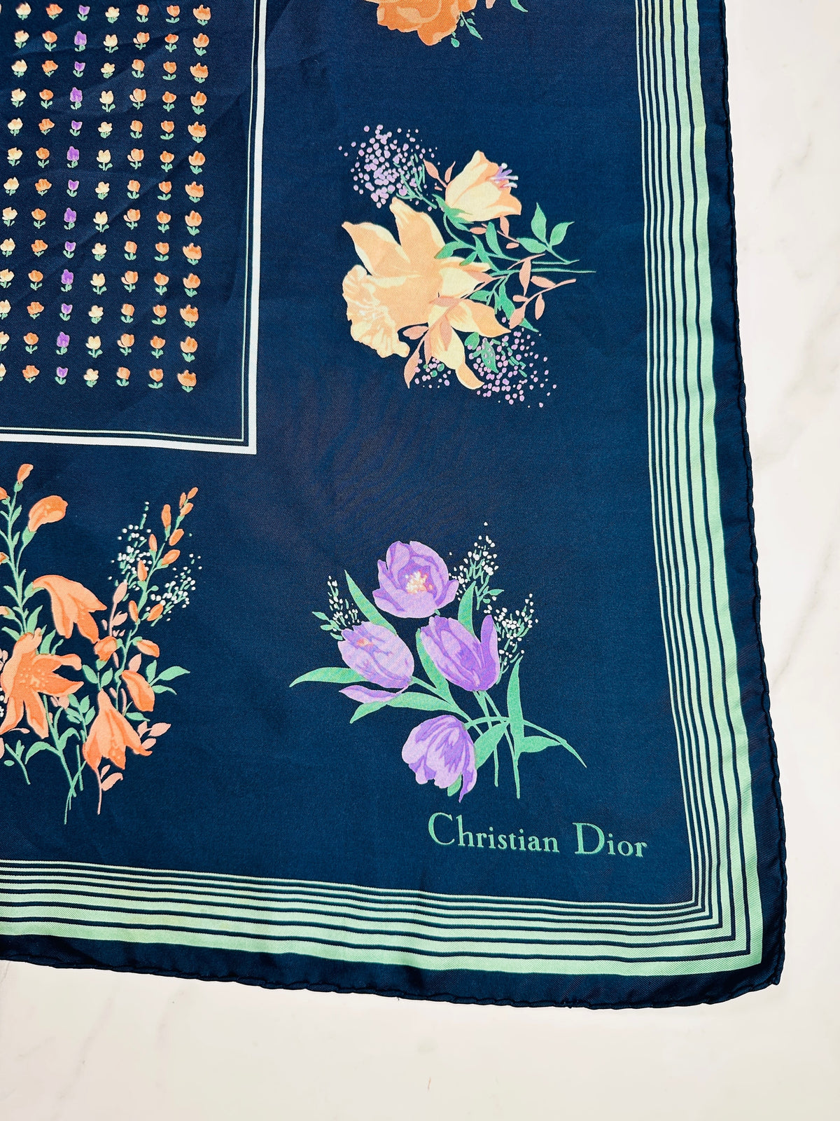 Foulard Vintage Authentique Christian Dior en Soie Satinée Bleue et Verte à Motif Floral