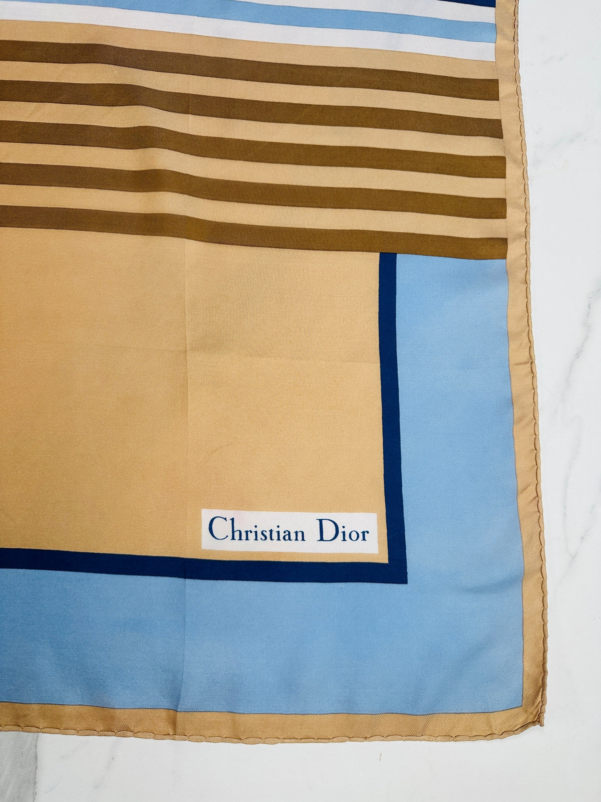 Foulard en soie satinée bleu et bronze à motif rayé Christian Dior vintage authentique