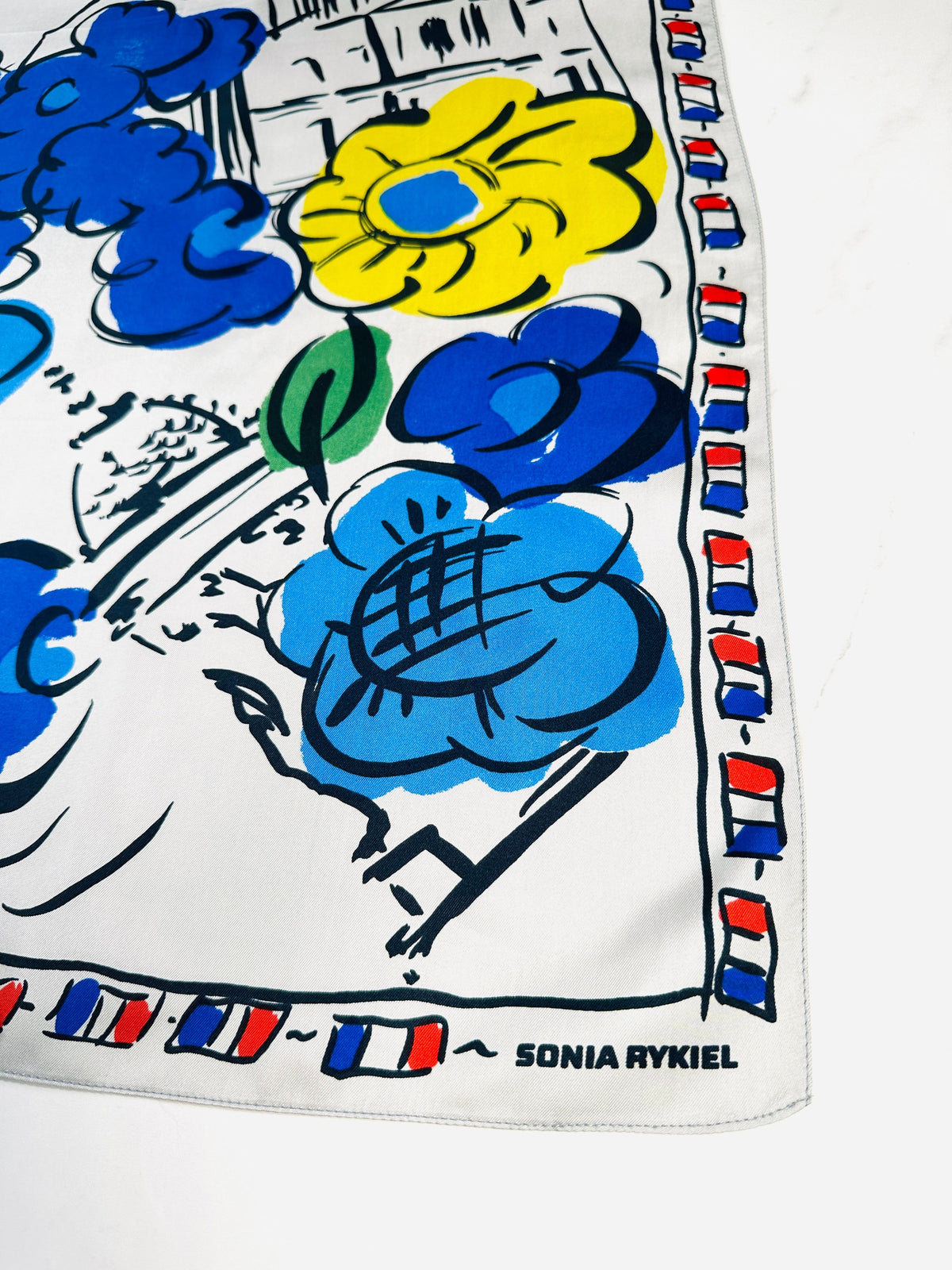 Large silk scarf Sonia Rykiel white and blue vintage floral pattern authentic