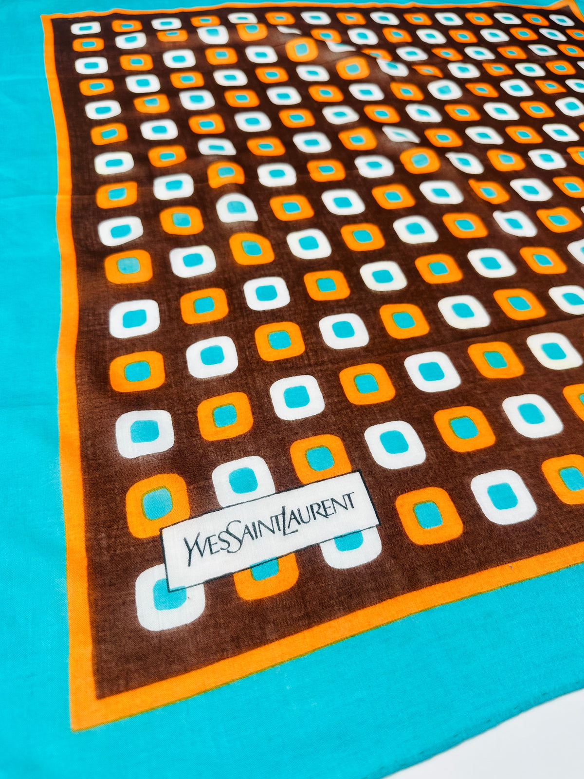 Silk Scarf Yves Saint Laurent in Brown and Turquoise with Vintage Geometric Pattern