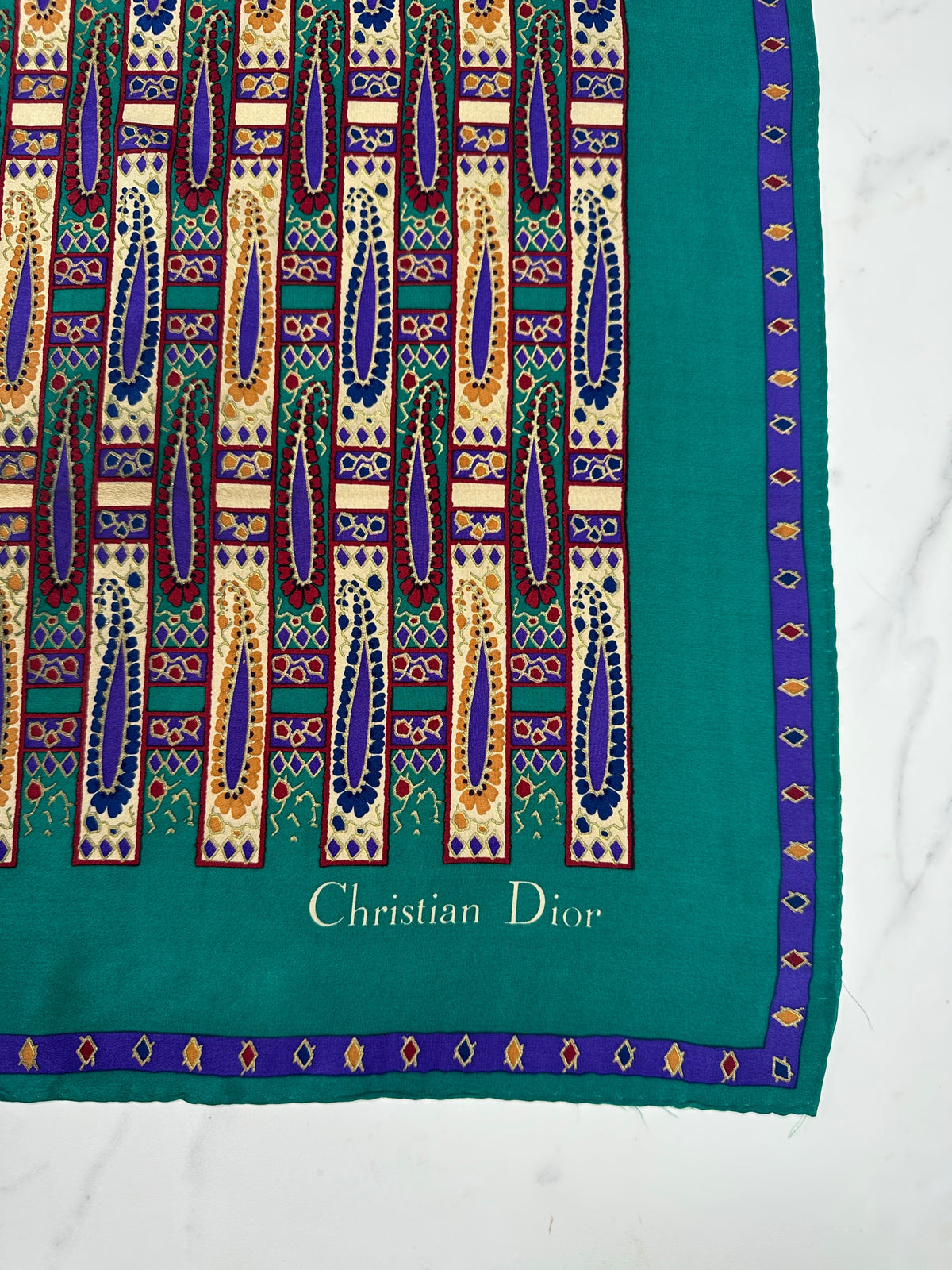 Christian Dior Silk Scarf in Emerald Green and Purple Vintage Geometric Pattern