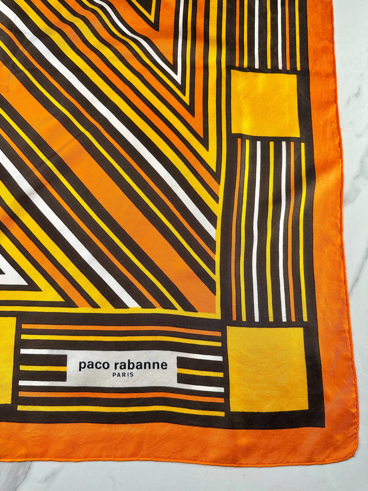 Authentic vintage orange and yellow geometric pattern silk scarf by Paco Rabanne