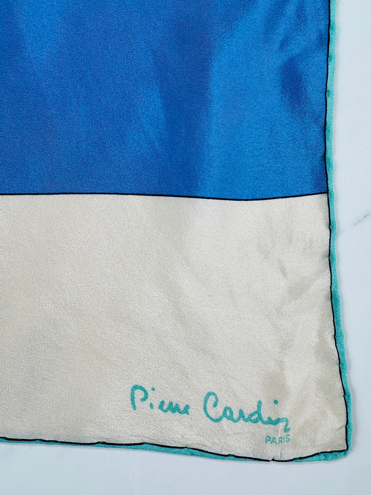 Authentic Vintage Pierre Cardin Silk Scarf with Blue and Cream Geometric Pattern