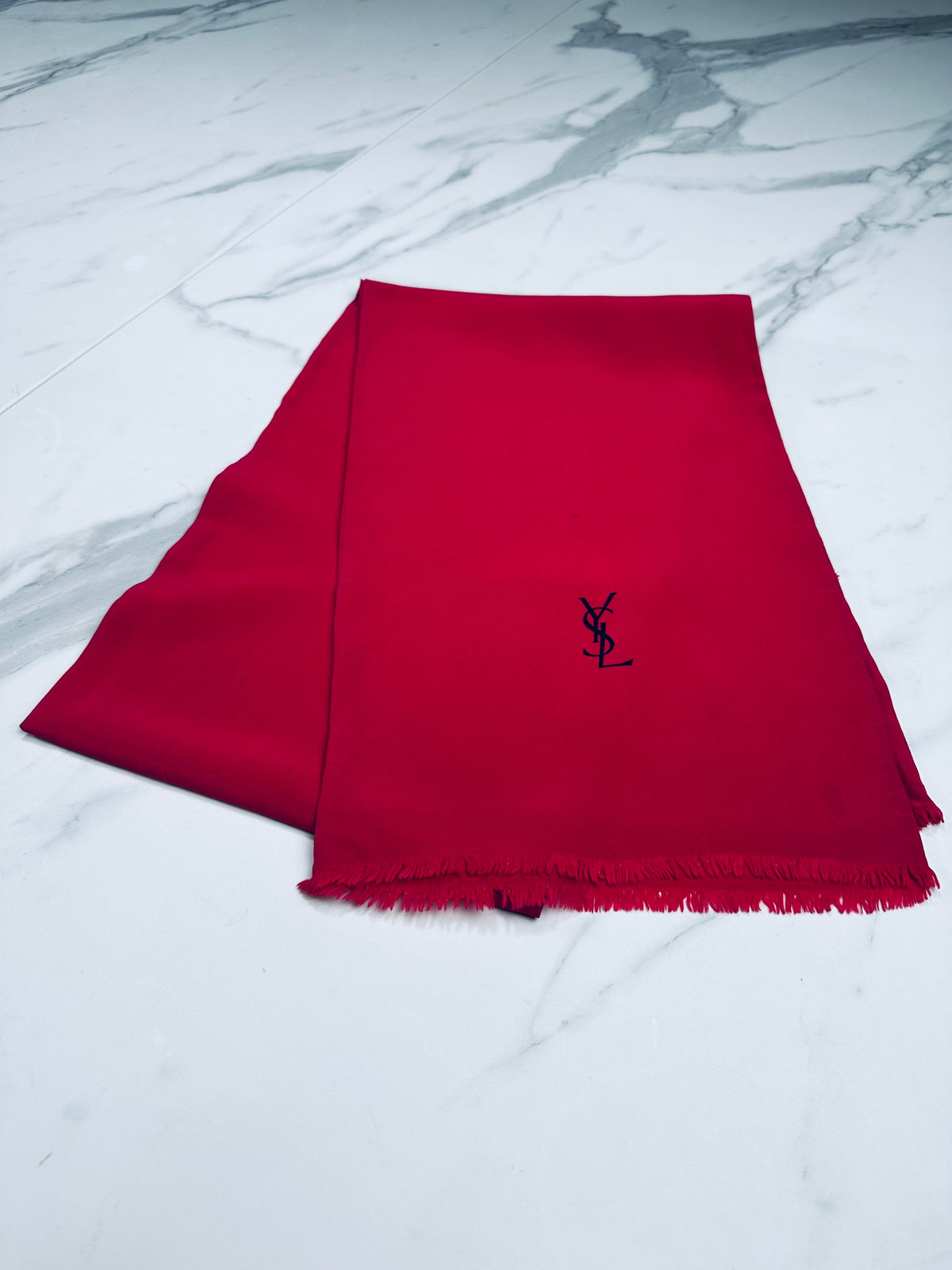 Authentic Vintage Yves Saint Laurent Raspberry Silk Scarf with Logo Pattern