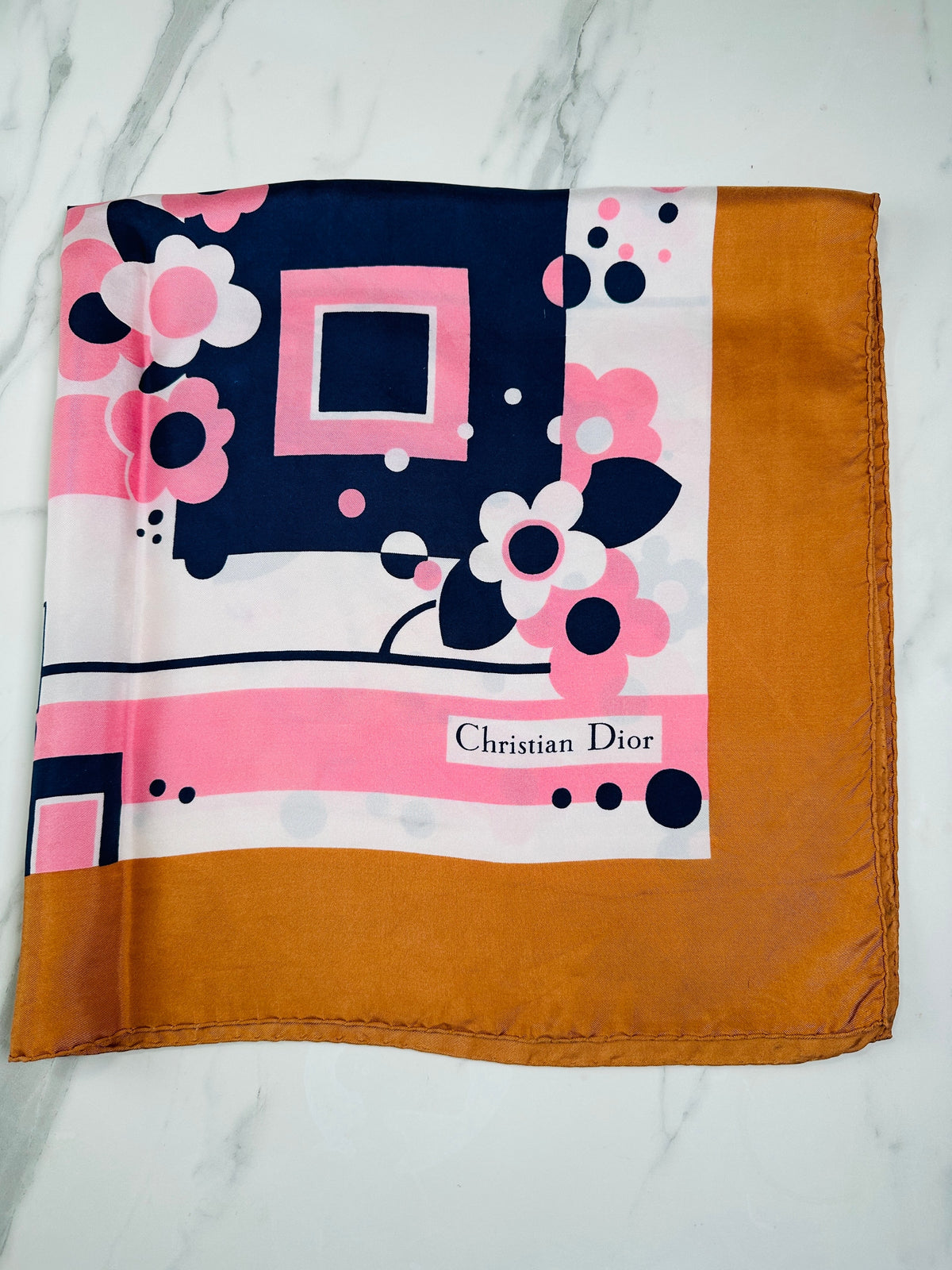 Foulard en soie vintage authentique Christian Dior à motif floral bronze, rose et bleu