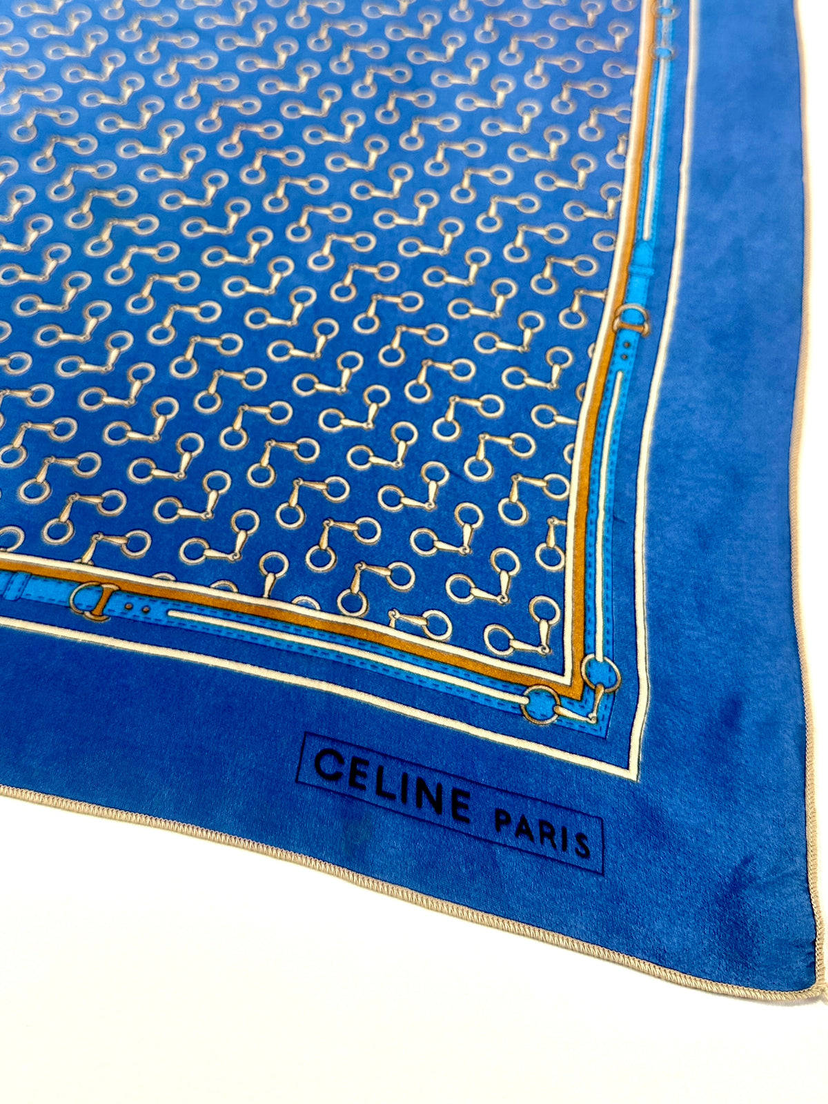 Silk Scarf Céline in Blue and Gold Vintage Equestrian Pattern