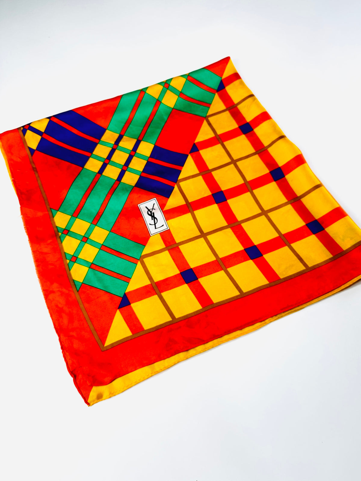 Large Silk Scarf Yves Saint Laurent in Yellow and Red Vintage Geometric Pattern