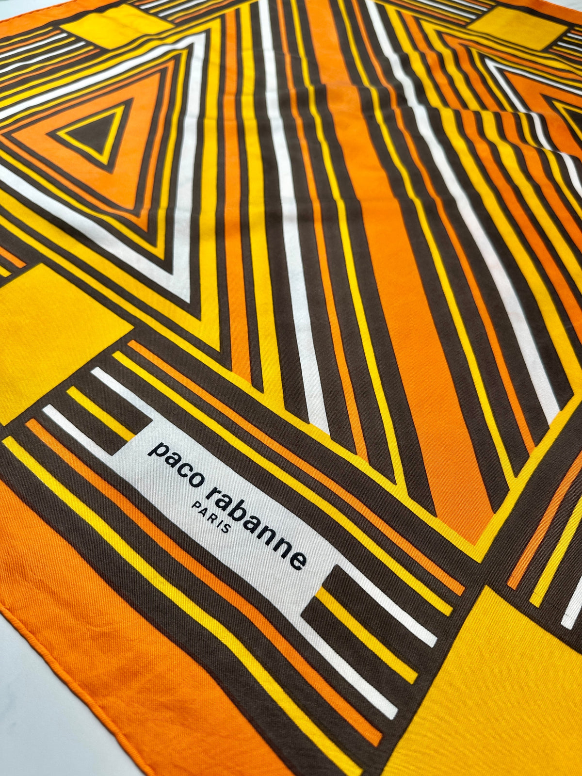 Authentic vintage orange and yellow geometric pattern silk scarf by Paco Rabanne