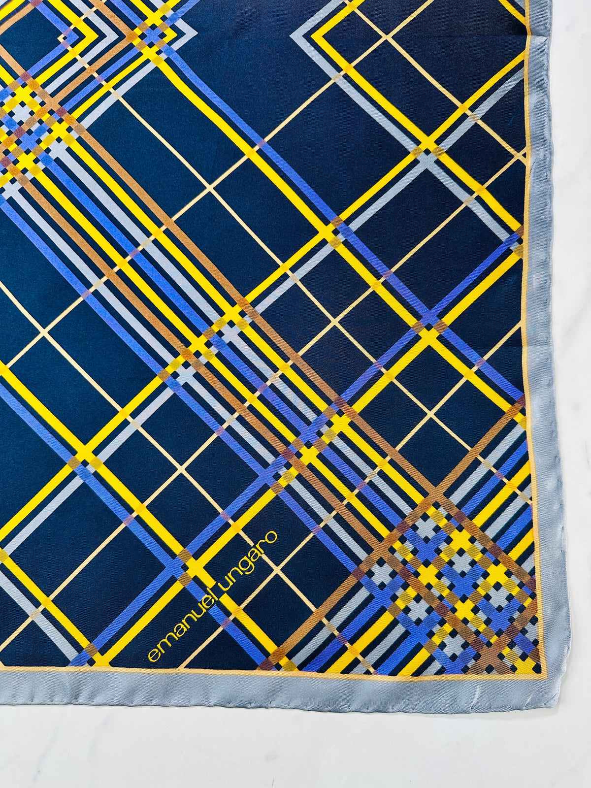 Large silk scarf Emanuel Ungaro navy blue with authentic vintage geometric pattern