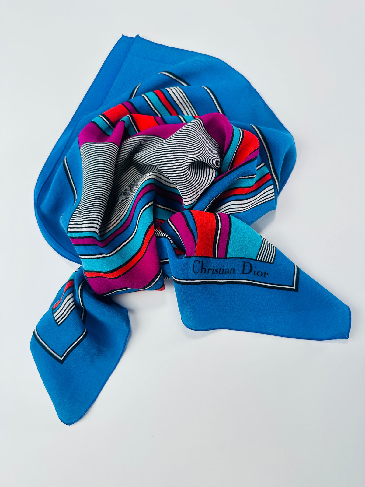 Silk scarf Christian Dior in blue and fuchsia vintage stripes authentic